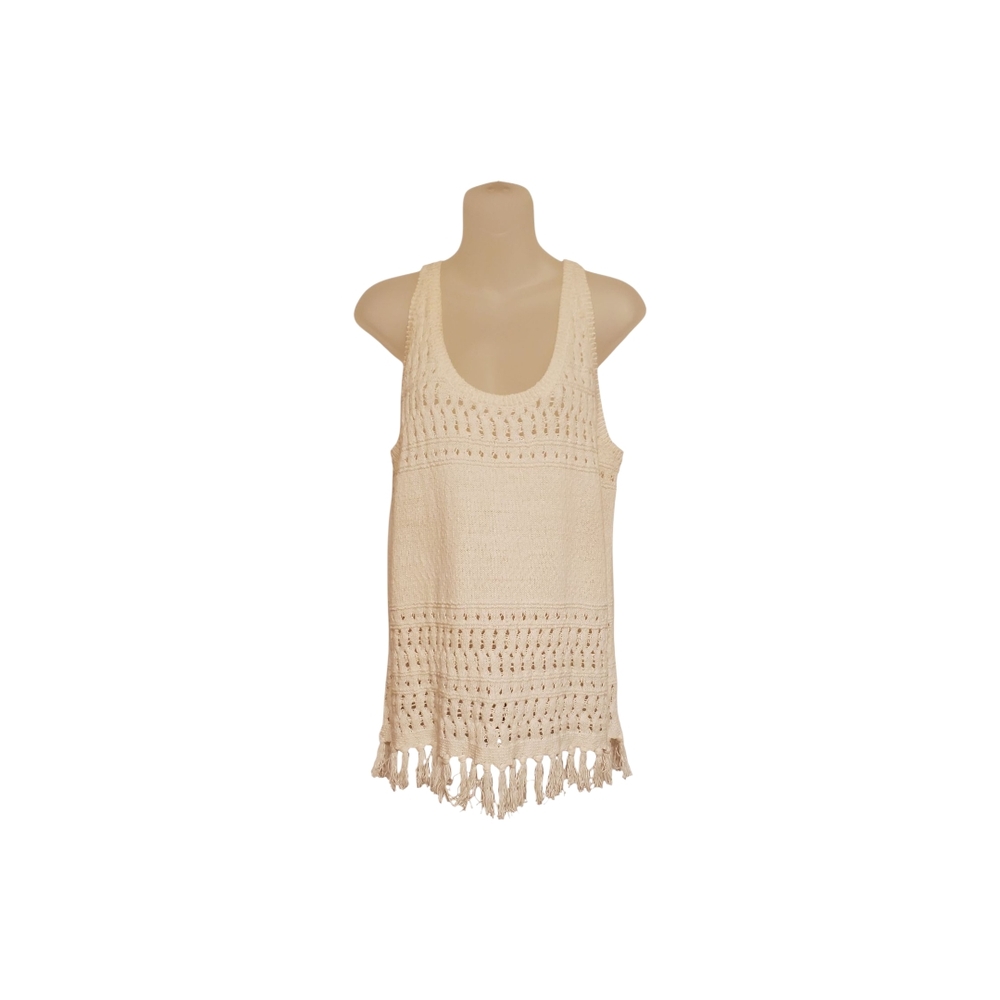a.n.a Cream Open Knit Crocheted Tank Top with Boho Fringe Size Medium